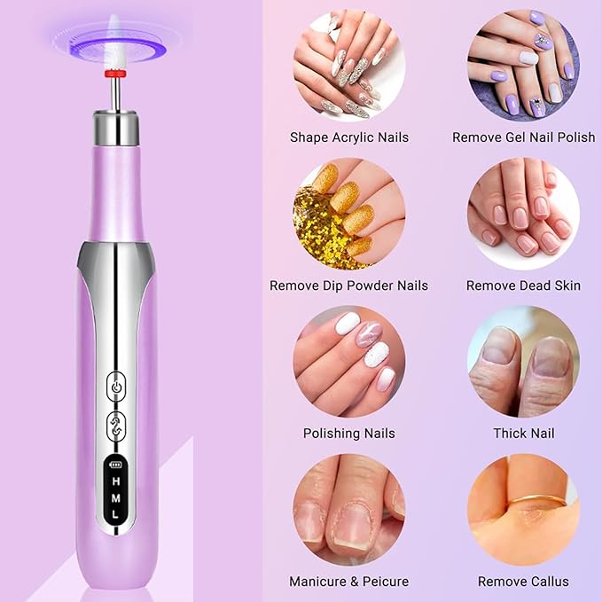 Electric Nail Drill File Cordless,Portable Rechargeable Nail File Kit for Acrylic & Gel Nails,Professional Efile for Manicure Pedicure Polishing,with 12 Nail Drill Bits 31 Sanding Bands,Purple-Velvo Beauty