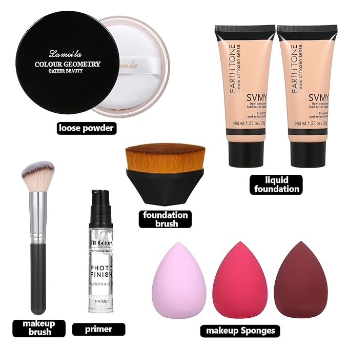 Foundation Liquid Full Coverage Matte Oil Control Concealer with Face Primer & Makeup Brush & Makeup Sponges-Velvo Beauty