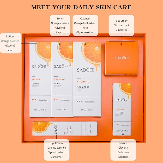 Vitamin C Daily Skin Care Set Daily Moisturizing & Nourishing Fresh Orange Essence Skin Care Set Vitamin Essence Six-piece Set-Velvo Beauty