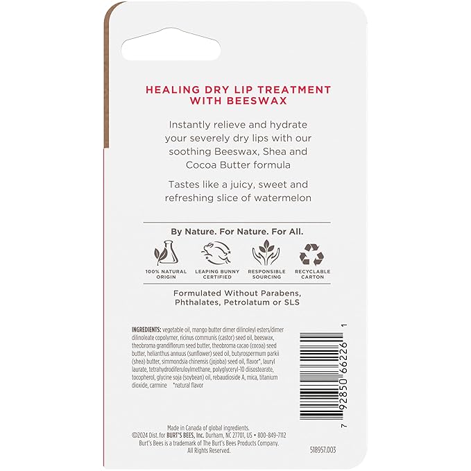 Burt's Bees Rescue Lip Relief, Watermelon, Hydrating Lip Balm for Dry Cracked Lips, with Responsbily Sourced Beeswax and Shea Butter, 100% Natural Origin, 1 Squeezy Tube, 0.35oz-Velvo Beauty