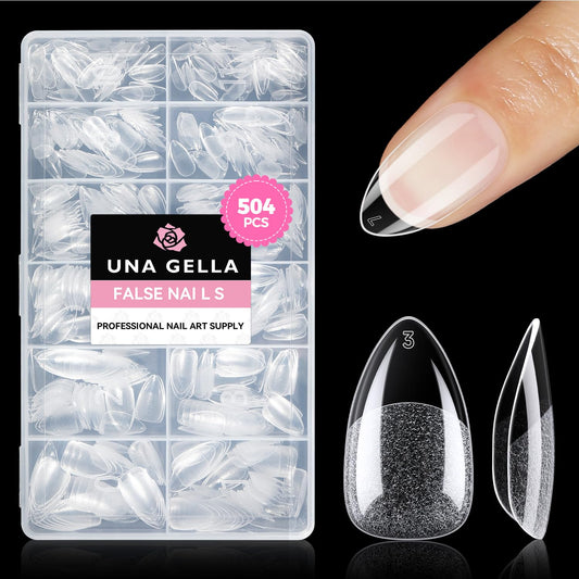 UNA GELLA Short Almond Nail Tips: 504PCS Short Fake Nails Soft Press On Gel Nail Tips Pre Shaped Almond Shape Home Nail Extension Full Cover, 12 Sizes Acrylic Gelly Tips-Velvo Beauty