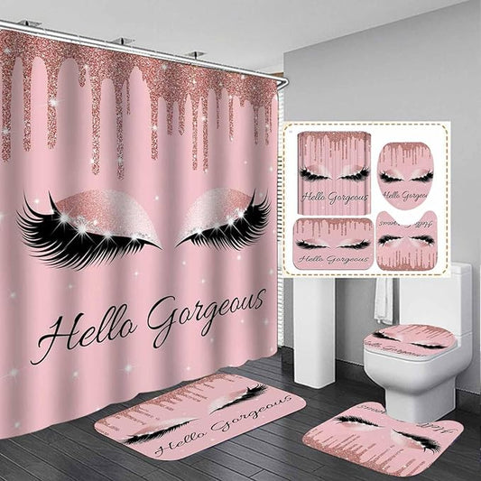 4PCS Hello Gorgeous Unicorn Eyelash Shower Curtain Set Luxury Diamond Rose Gold Glitter Eyeshadow Makeup Pink Glam Beauty Fashion Girly Women Bathroom Decor Non-slip Bath Mat Toilet Rug, Bling-Velvo Beauty