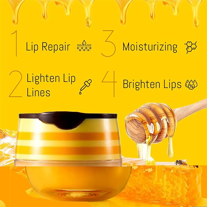 4PCS Lip Balm Honey Pot, Honey Pot Lip Balm for Dry Cracked Lips, Strawberry Lip Balm Scrubs Exfoliator & Moisturizer, Hydrating Lip Balm Honey Pot with Wand, Lip Sleeping Mask (4pcs)-Velvo Beauty