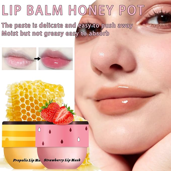 4 PCS Lip Mask Overnight, Honey&Strawberry Moisturizing Repair Sleeping Lip Balm, Fade Lip Lines Bee lip Balm, Hydrating &Prevention Dry and Crack Lip Scrubs Exfoliator (2 Honey & 2 Strawberry)-Velvo Beauty