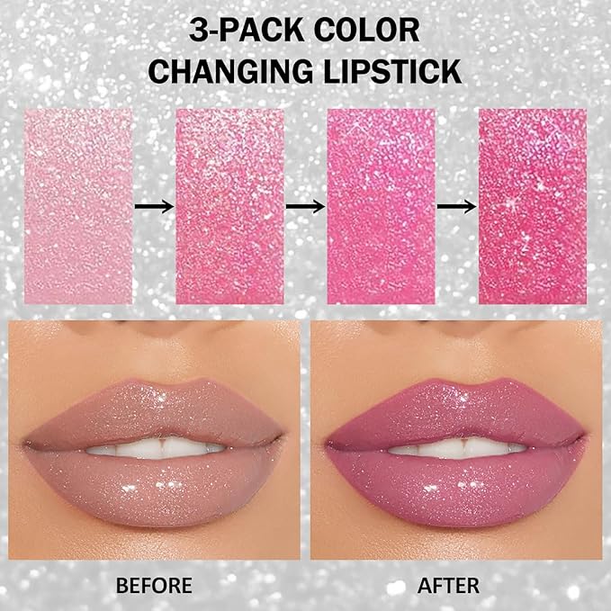 DAGEDA 3PCS Glitter Lipstick, Moisturizing Glossy Color Changing Lip Balm, Long Lasting Shimmer Lipstick, Nonstick Color Change Lipstick, Waterproof Glitter Lip Balm for Festival-Velvo Beauty