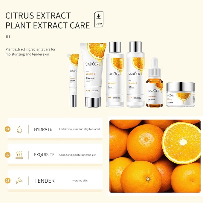Vitamin C Daily Skin Care Set Daily Moisturizing & Nourishing Fresh Orange Essence Skin Care Set Vitamin Essence Six-piece Set-Velvo Beauty