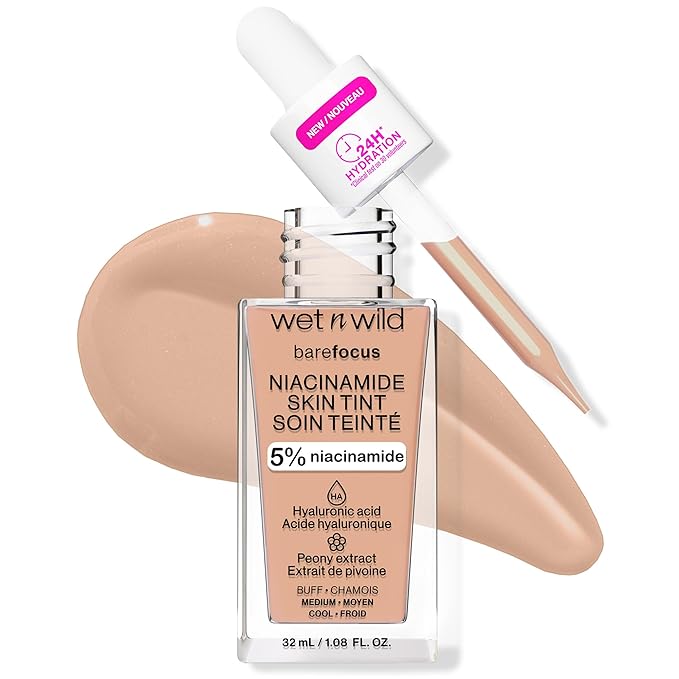 wet n wild Bare Focus Skin Tint, 5% Niacinamide Enriched, Buildable Sheer Lightweight Coverage, Natural Radiant Finish, Hyaluronic & Vitamin Hydration Boost, Cruelty-Free & Vegan - Buff-Velvo Beauty
