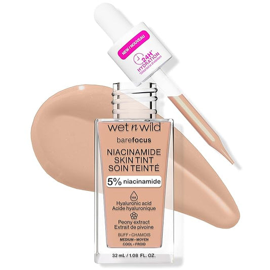 wet n wild Bare Focus Skin Tint, 5% Niacinamide Enriched, Buildable Sheer Lightweight Coverage, Natural Radiant Finish, Hyaluronic & Vitamin Hydration Boost, Cruelty-Free & Vegan - Buff-Velvo Beauty