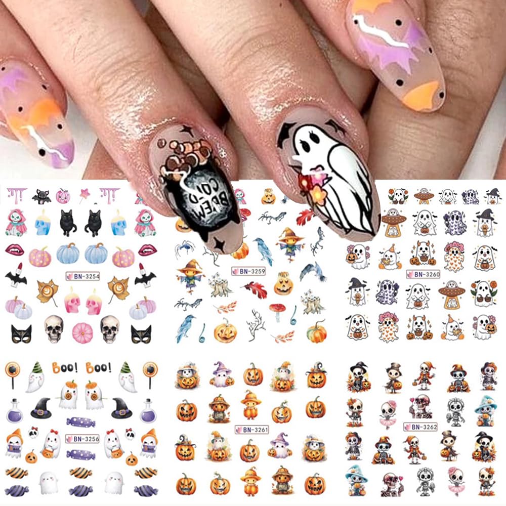Halloween Nail Decals - Cute Cartoon Water Transfer Foil for Women - Pink Pumpkin Ghost Skeleton Witch Bat Designs - DIY Nail Art Decor - 12Pcs-Velvo Beauty