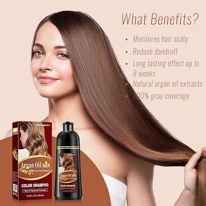 Chestnut Brown Hair Dye Shampoo with Argan Oil for Men & Women, 3 in 1 Semi-Permanent Formula, 16.9 Fl oz - Easy to Use, Covers Gray Hair-Velvo Beauty