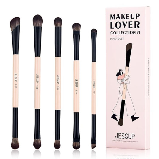 Jessup Makeup Brushes 5pcs Double Ended Eyeshadow Brush Contour Blending Eyeliner Eye Shader Brush, Vegan Fiber Precision Eye Brush Set Peach Dust T509-Velvo Beauty