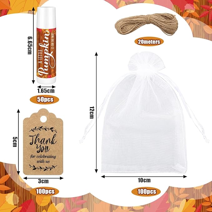 Demissle 50 Pcs Baby Shower Lip Balm Gift Set with 100 Pcs Organza Bags Baby Shower Party Favor for Guest Thank You Tag Rope Baby Shower Party Decoration Gender Reveal Souvenirs(Pumpkin)-Velvo Beauty