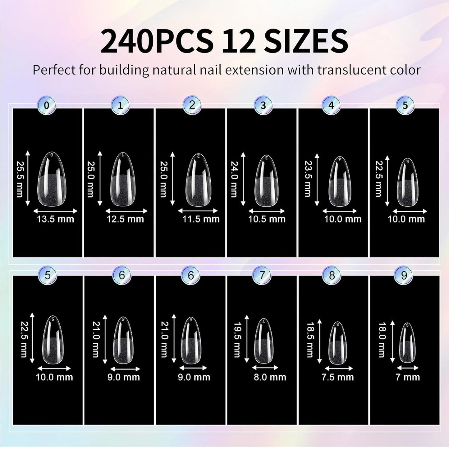Almond Nail Tips Soft Gel Nail Tips 240Pcs Pre-Shaped Medium Pointed Almond Nails Half Matte Full Cover Acrylic Clear Press on Fake Nails Tips for Extension Nail Art DIY Manicure Salon 12 Sizes-Velvo Beauty