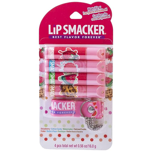 Lip Smacker Flavored Lip Balm & Pink Lanyard Set | Strawberry, Cotton Candy, Watermelon, Oatmeal Cookie Flavors | For Kids | Stocking Stuffer | Christmas Gift | Set of 4-Velvo Beauty