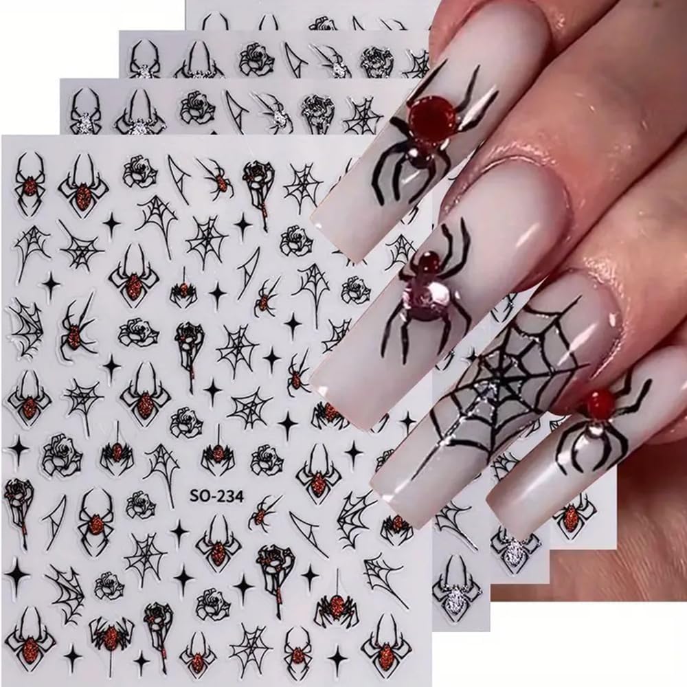 6Sheets Halloween Nail Art Stickers Decals, 3D Spider Nail Sticker Halloween Nail Decoration Self-Adhesive Black Red Silver Glitter Star Spider Web for Nails Stickers DIY Manicure Art Decoration-Velvo Beauty