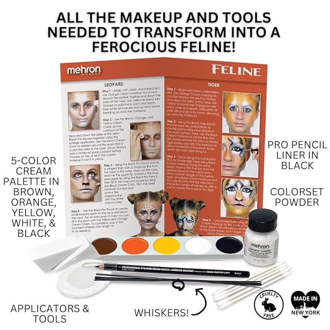 Mehron Makeup Premium Character Kits| Makeup Kits for Halloween & Cosplay| Made in the USA | Complete Makeup Kit | Includes all Makeup, Tools, & Instructions on How to Create the Look | (Feline/Cat)-Velvo Beauty