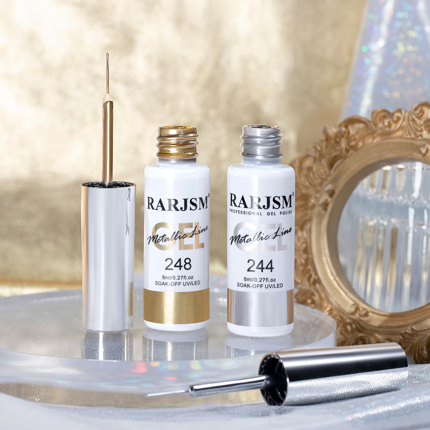 RARJSM Metallic Gel Liner Nail Art Silver Bronze Gold 2pcs Set Mirror Chrome 3D Effect Gel Nail Polish 8ml Build in Thin Brush Metal Painted Drawing Stripper Gelpolish Curing Requires for Home Salon-Velvo Beauty