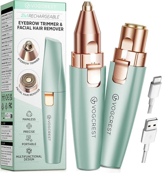 Eyebrow Facial Trimmer: 2 in1 Rechargeable Facial Hair Removal and Eyebrow Shaver - Face Lips Body Painless Facial Razor with Built-in LED Light (Pastel Green)-Velvo Beauty