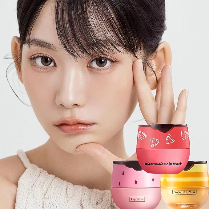 3 PCS Bee Lip Balm Lip Mask Honey Pot, Honey & Strawberry & Watermelon Lip Mask Propolis Moisturizing Lip Balm with Stick, Sleeping Lip Mask Hydrating Prevention Dry & Cracked Lip Scrubs (SET A)-Velvo Beauty