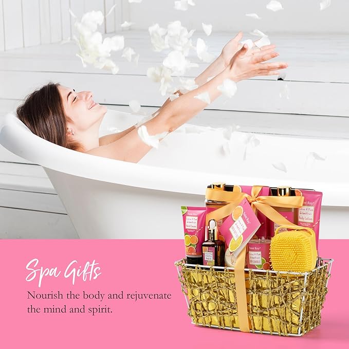 Bath & Body Gift Set, Luxury Home Spa Bath Gift Basket Citrus & Pink Grapefruit Spa Kit Gift Woman, 11 Pcs Self Care Kit Gifts With Bubble Bath, Massage Oil, Bath Brush, Birthday Gifts for Women-Velvo Beauty