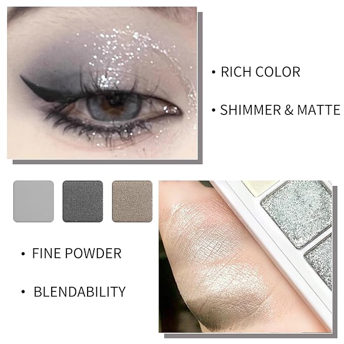 Erinde Black Smokey Gray Silver Eyeshadow Palette, 9 Colors Matte Shimmer Glitter Eye Shadow Makeup Pallet, Highly Pigmented Long Lasting Waterproof, Natural Neutral Shiny Eyeshadow Make Up Palette-Velvo Beauty