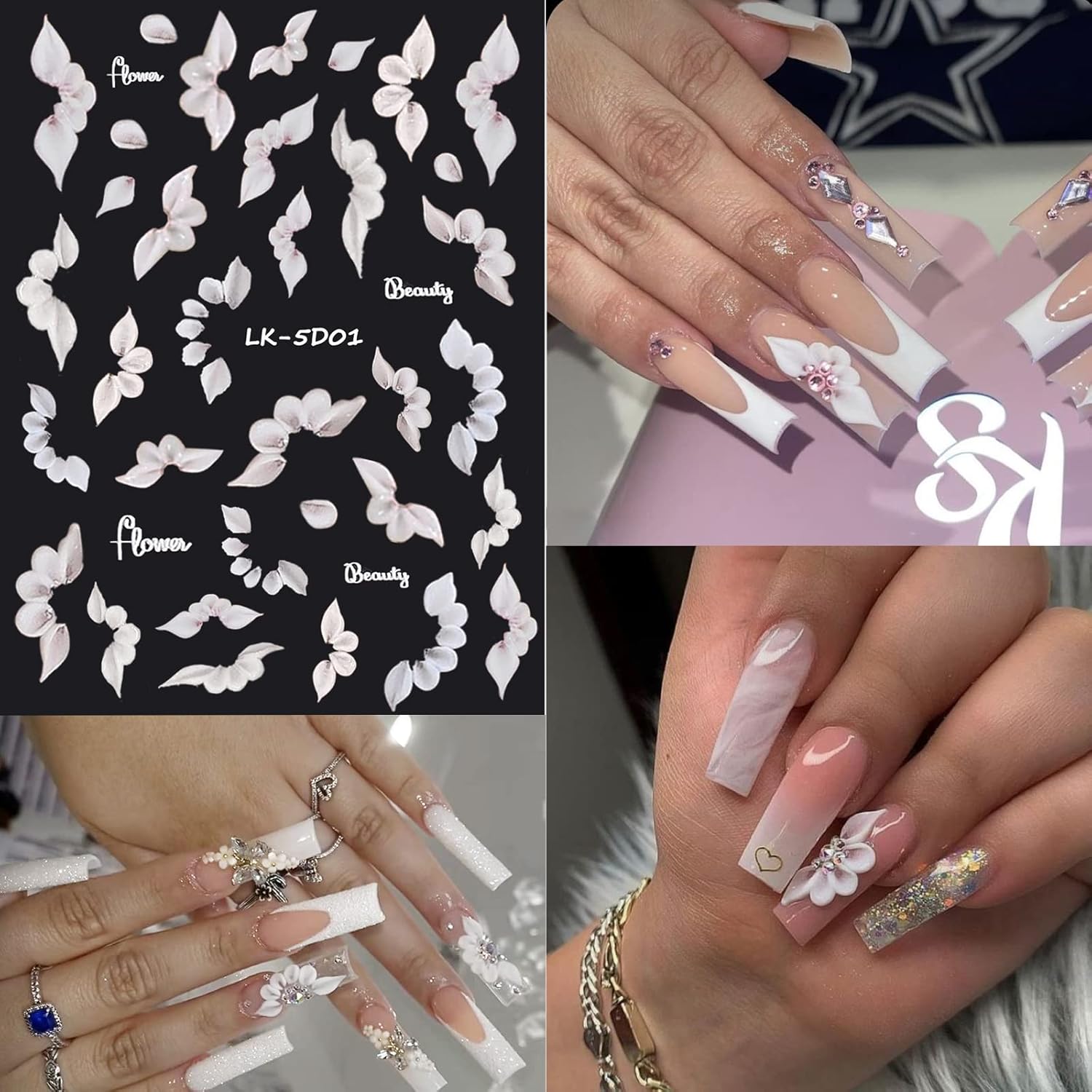 6 Sheets Flower Nail Stickers for Nail Art 5D Embossed Engraved Nails Decals 3D Spring Nails Supplies Accessories Self-Adhesive DIY Design Decoration for Women and Girls-Velvo Beauty