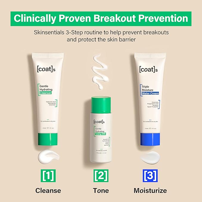 Coats Skinsentials Starter Bundle – Travel-Size Cleanser 1 oz, Toner 1 oz & Moisturizer 1 oz – 3-Step Regimen Prevents Breakouts and Protects Skin Barrier with Ceramides, For Women and Men-Velvo Beauty