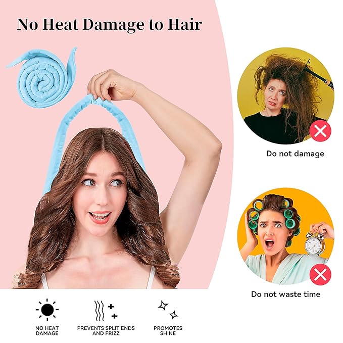 Heatless Curling Rod Headband, Upgraded 60" Extra Long Heatless Curls Headband Soft Hair Curlers to Sleep In Hair Rollers No Heat Curls (Blue)-Velvo Beauty