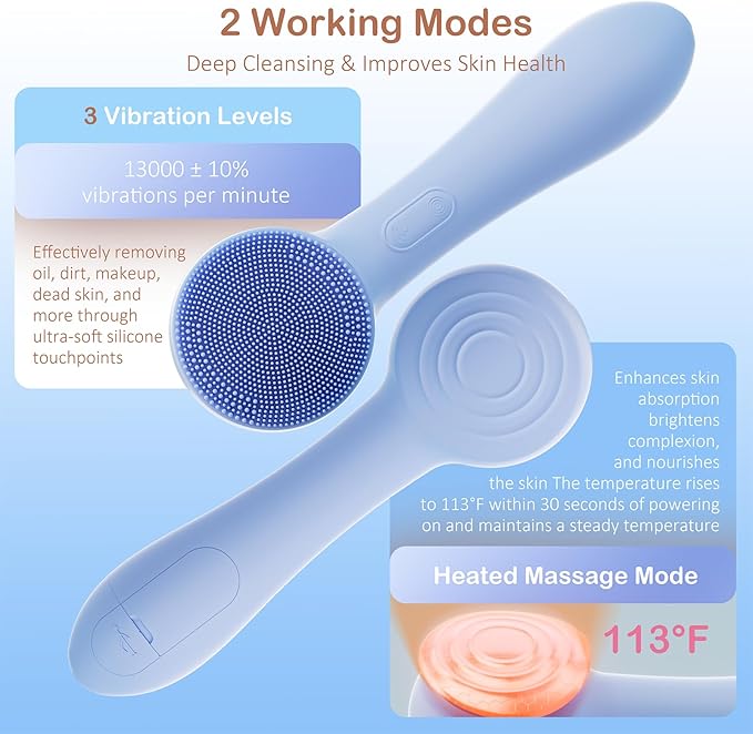 Facial Cleansing Brush Silicone Face Scrubber Waterproof Rechargeable Exfoliator Massage Device for Men & Women, Deep Pore Cleansing, Exfoliating, Removing Blackhead Electric Face Scrub Brush (Blue)-Velvo Beauty