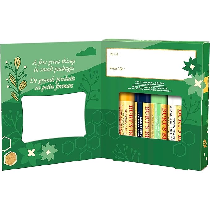 Burt's Bees Holiday Gift, 4 Lip Balms Stocking Stuffer, Assorted Mix Set, Classic Beeswax, Vanilla, Cucumber Mint & Coconut And Pear-Velvo Beauty