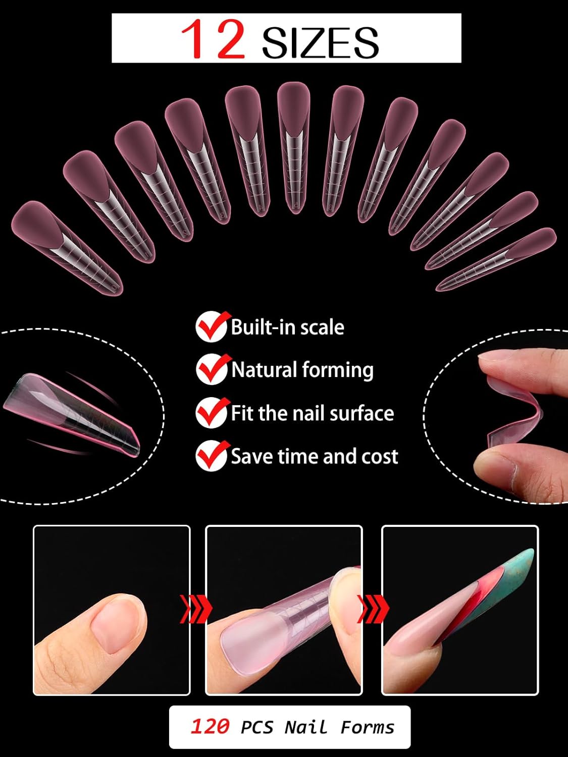 EBANKU Dual Nail Forms for Poly Extension Gel, 120 PCS Pink Nail Molds Reusable Nail Extension Forms for Builder Gel Manicure Design Salon DIY 12 Sizes-Velvo Beauty