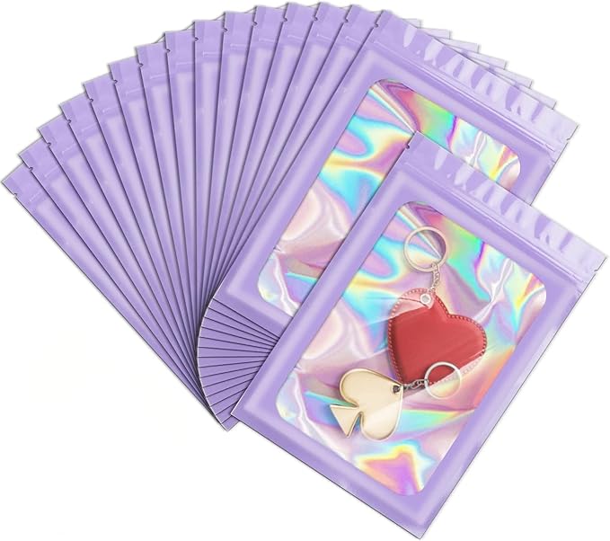 ANZNKU 100 Pcs Smell Proof Mylar Resealable Bags, Holographic Packaging Bags, Resealable Odor Foil Pouch Zip Bag with Clear Window for Food Storage and Lipgloss, Jewelry Lash (Purple, 5.5 x 7.9 Inch)-Velvo Beauty