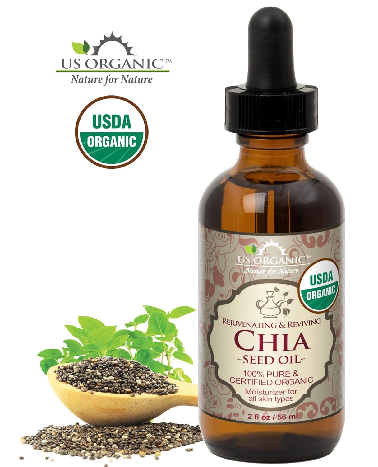 US Organic Chia Seed Oil, Certified Organic, Pure & Natural, Cold Pressed Virgin, Unrefined, Sourced from Paraguay, in Amber Glass Bottle w/Glass Eyedropper for Easy Application (2 oz (56 ml))-Velvo Beauty