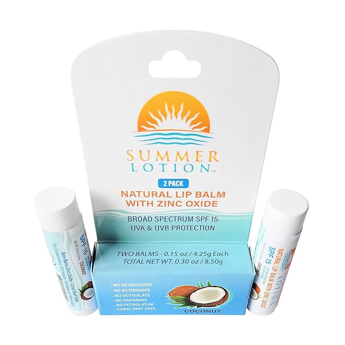 Natural Lip Balm with Zinc Oxide Sunblock by Summer Lotion, SPF 15 Lip Sunscreen 2-Pack, Water Resistant Chapstick, SPF Lip Protection for Everyone, (Coconut)-Velvo Beauty