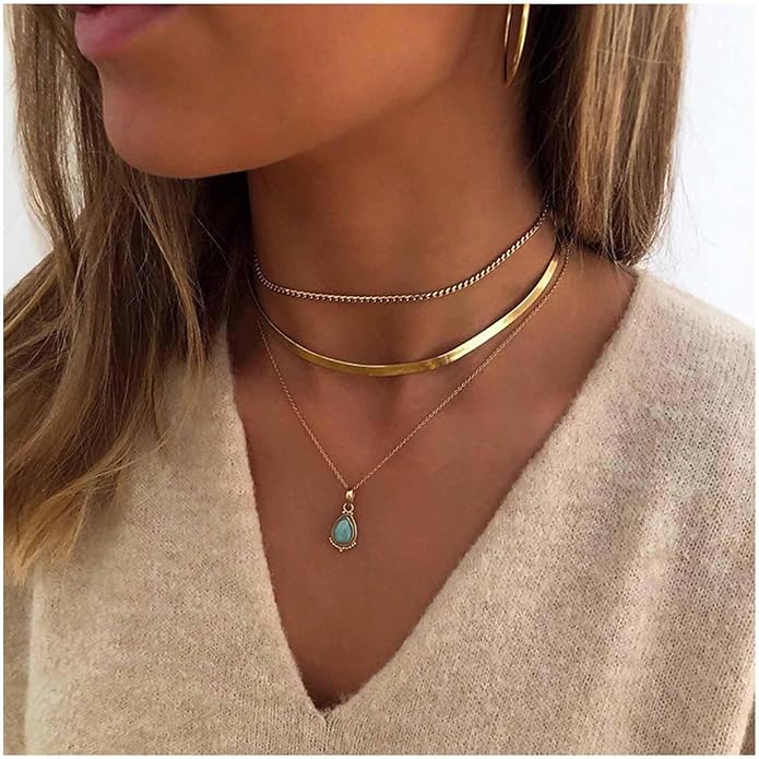 Vintage Layered Turquoise Necklace Turquoise Pendant Necklace Blue Stone Bead Choker Necklace Gold Snake Herringbone Chain Necklace Jewelry for Women-Velvo Beauty