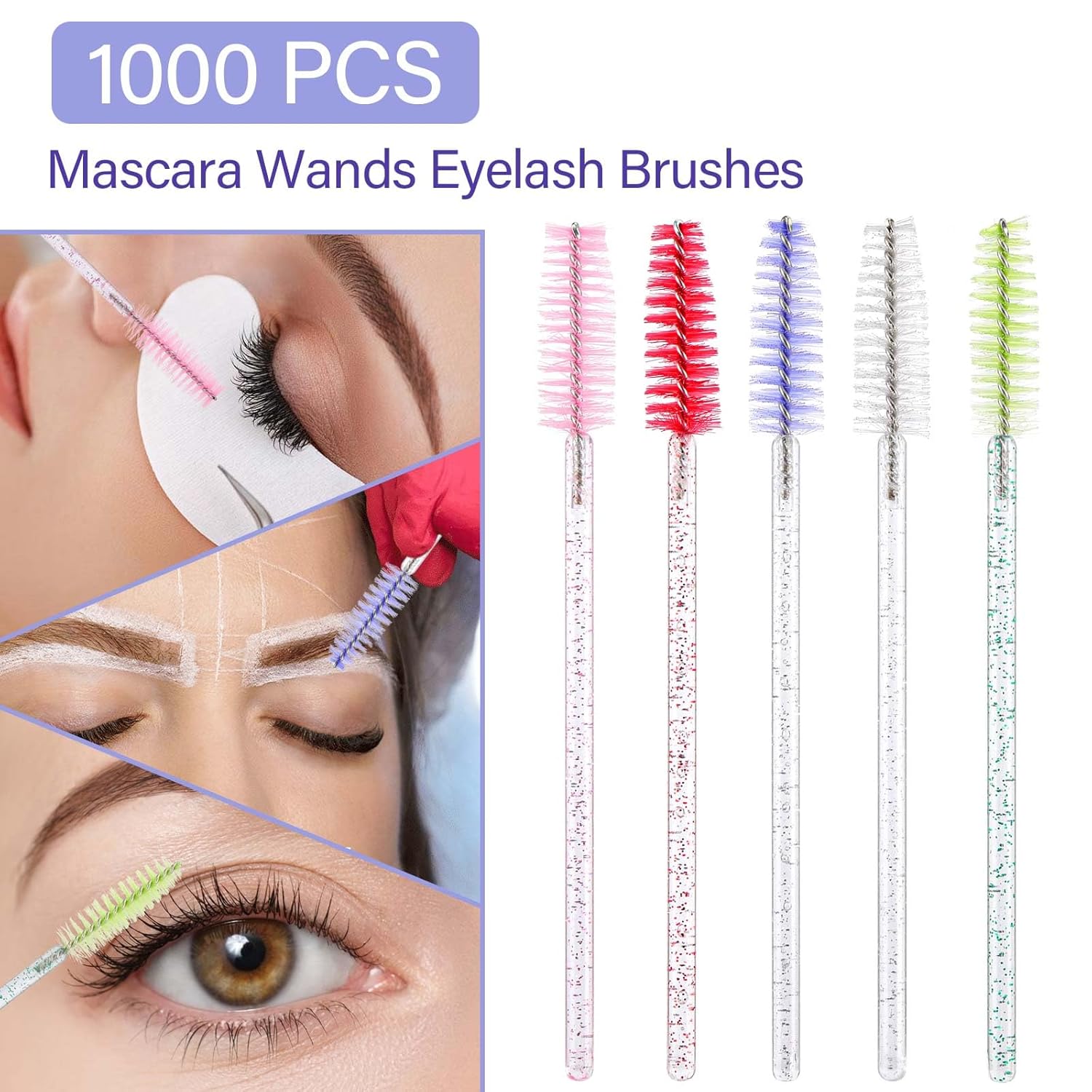 1000 Disposable Mascara Wands Eyelash Brushes Spoolies for Eyebrow Eye Lash Extension Crystal Multicolor-Velvo Beauty