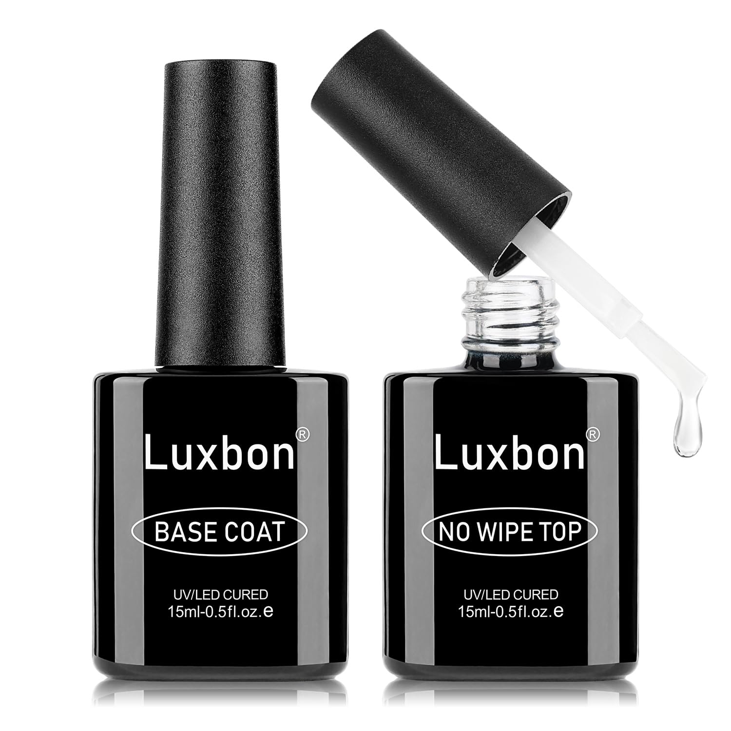 Luxbon 2 Pcs 15ml No Wipe Gel Top Coat and Base Coat Set - Long Lasting, Shine Finish, UV LED Nail Lamp Soak Off Gel Base Top Coat Manicure-Velvo Beauty