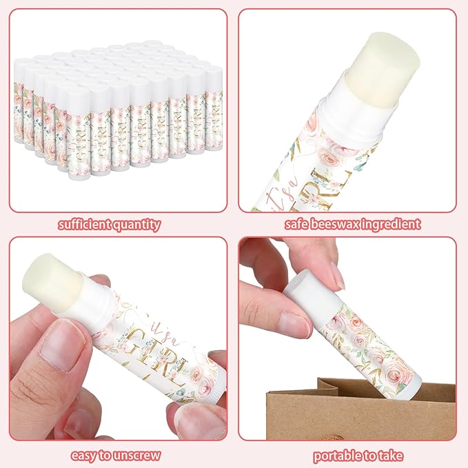 50 Pack Floral Baby Shower Lip Balm Party Supplies Bulk for Girls Guests It's a Girl Baby Shower Gifts Gender Reveal Favors Prizes Souvenirs Winners Thank You Appreciation Gifts-Velvo Beauty