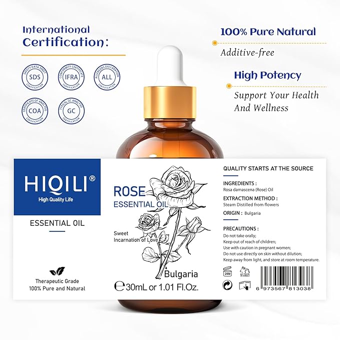 HIQILI Rose Essential Oil 1 Fl Oz, 100% Natural Therapeutic Grade for Aromatherapy, Diffuser, Skin Care, Massage, Includes Premium Quality Glass Dropper-Velvo Beauty