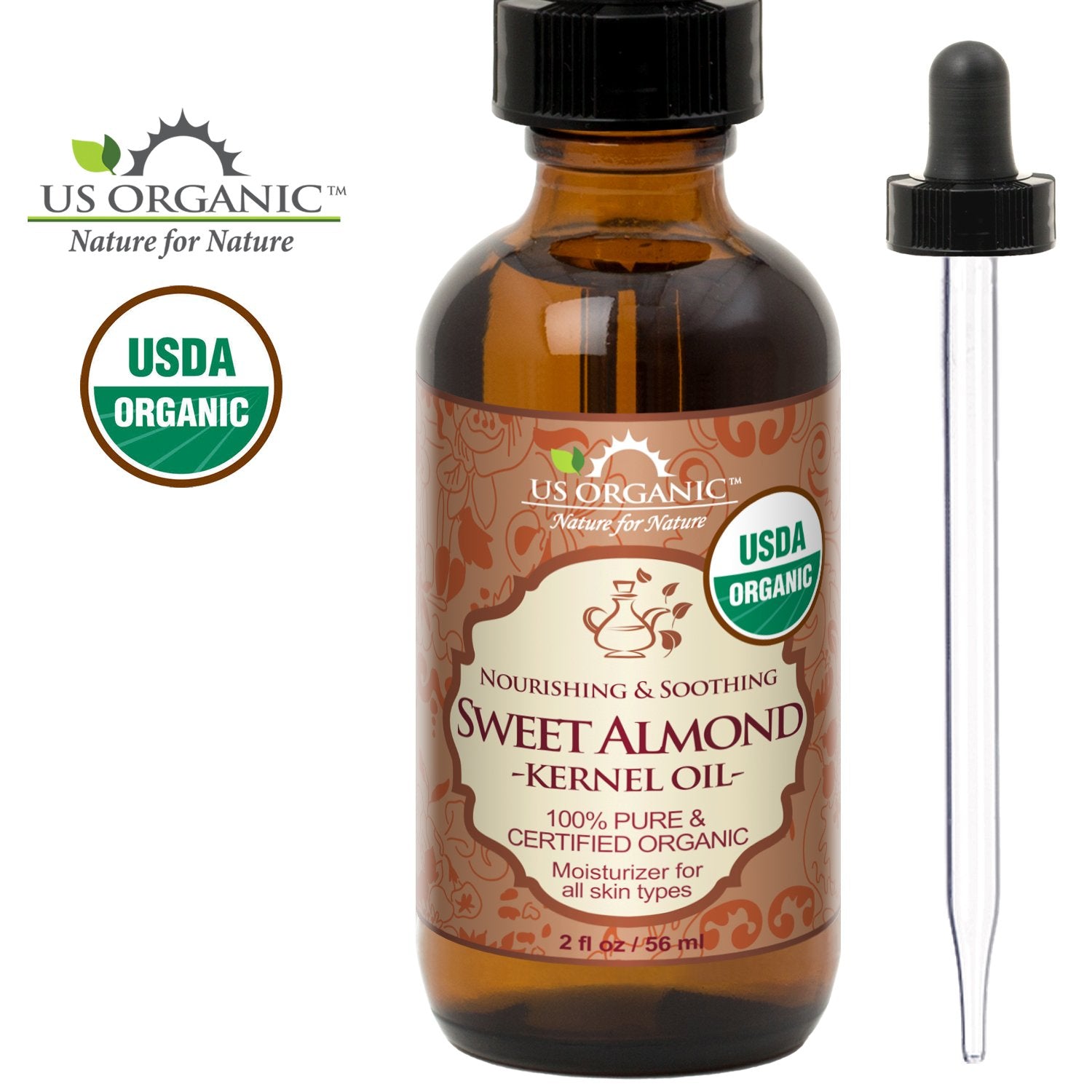US Organic Sweet Almond Kernel Oil, USDA Certified Organic,100% Pure & Natural, Cold Pressed Virgin, Unrefined in Amber Glass Bottle w/Eyedropper, Sourced from Poland (2 oz (56 ml))-Velvo Beauty