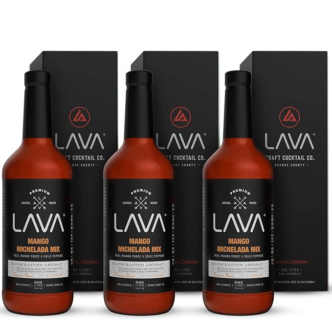 (3-Pack) LAVA Premium Mango Michelada Mix Made With Real Mango Puree, Ancho Chile Peppers, New Mexico Chile, Tamarind, Vegan, 1-Liter (33.8oz) Glass Bottle, Ready to Use-Velvo Beauty