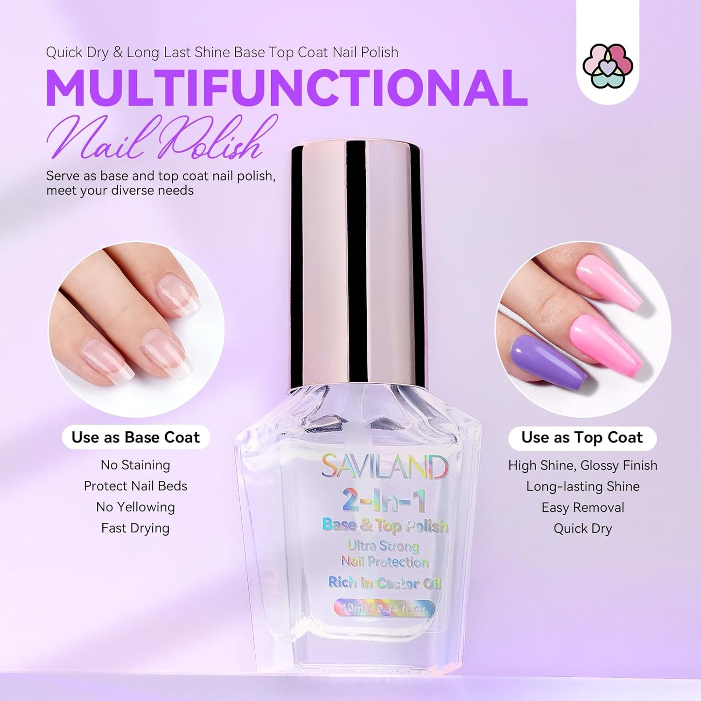 SAVILAND Clear Nail Polish Base Top Coat: 2 in 1 Quick Dry Nail Polish Long Lasting Fingernail Toe Polish Color Protection Resists Smudging, Chipping and Fading Shine Finish Polish Salon Home Nail Art-Velvo Beauty
