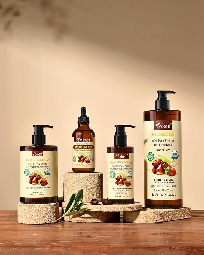 Yoken USDA Organic Jojoba Oil Cold Pressed 8 fl oz, 100% Pure & Natural Unrefined Jojoba Oil for Face Hair & Skin Massage, Hexane Free, Deeply Moisturizing Body Carrier oils Multi-Purpose Serum-Velvo Beauty
