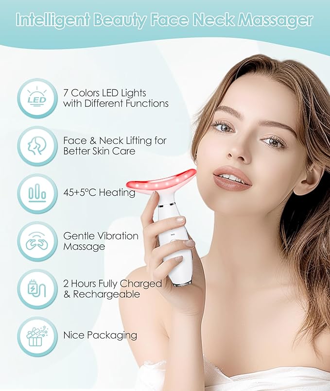7 Color Neck Face Massager - Facial Massager Tool for Skin Care at Home, Vibrating Face Massager with Thermals, Galvanic Machines White-Velvo Beauty