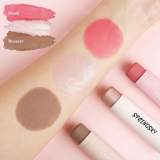 Face Stick Trio 3Pcs Multi Makeup Blush Highlighter Contour Sticks, Buildable Blendable Lightweight Cream Blush Stick for Cheeks Lips Make Up For Women (05)-Velvo Beauty