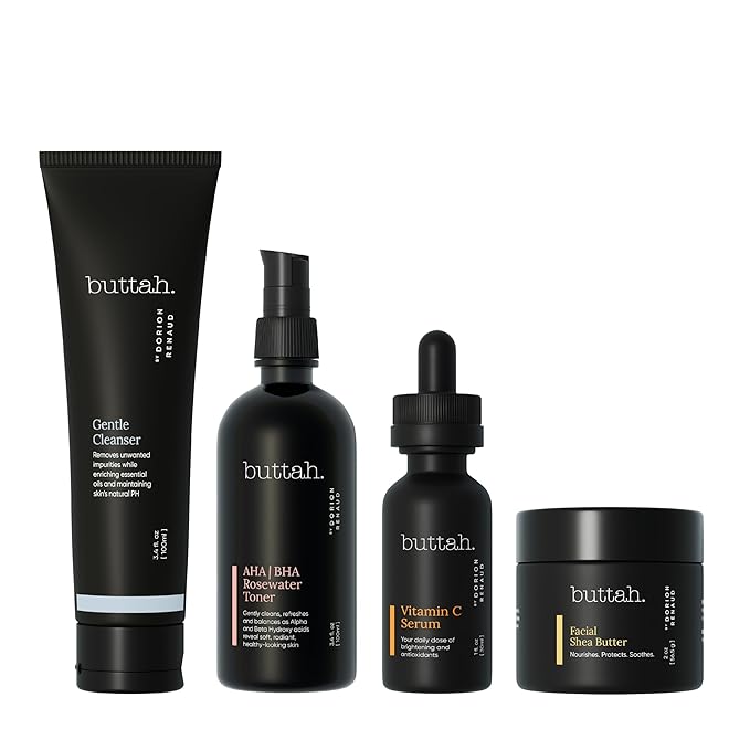 Buttah Skin Supreme Kit for Melanin Rich Skin | Facial Shea Butter 2 oz | Vitamin C Serum 1 oz | Cleanser 3.4 oz | Rosewater Toner 3.4 oz | Black Owned Skincare-Velvo Beauty