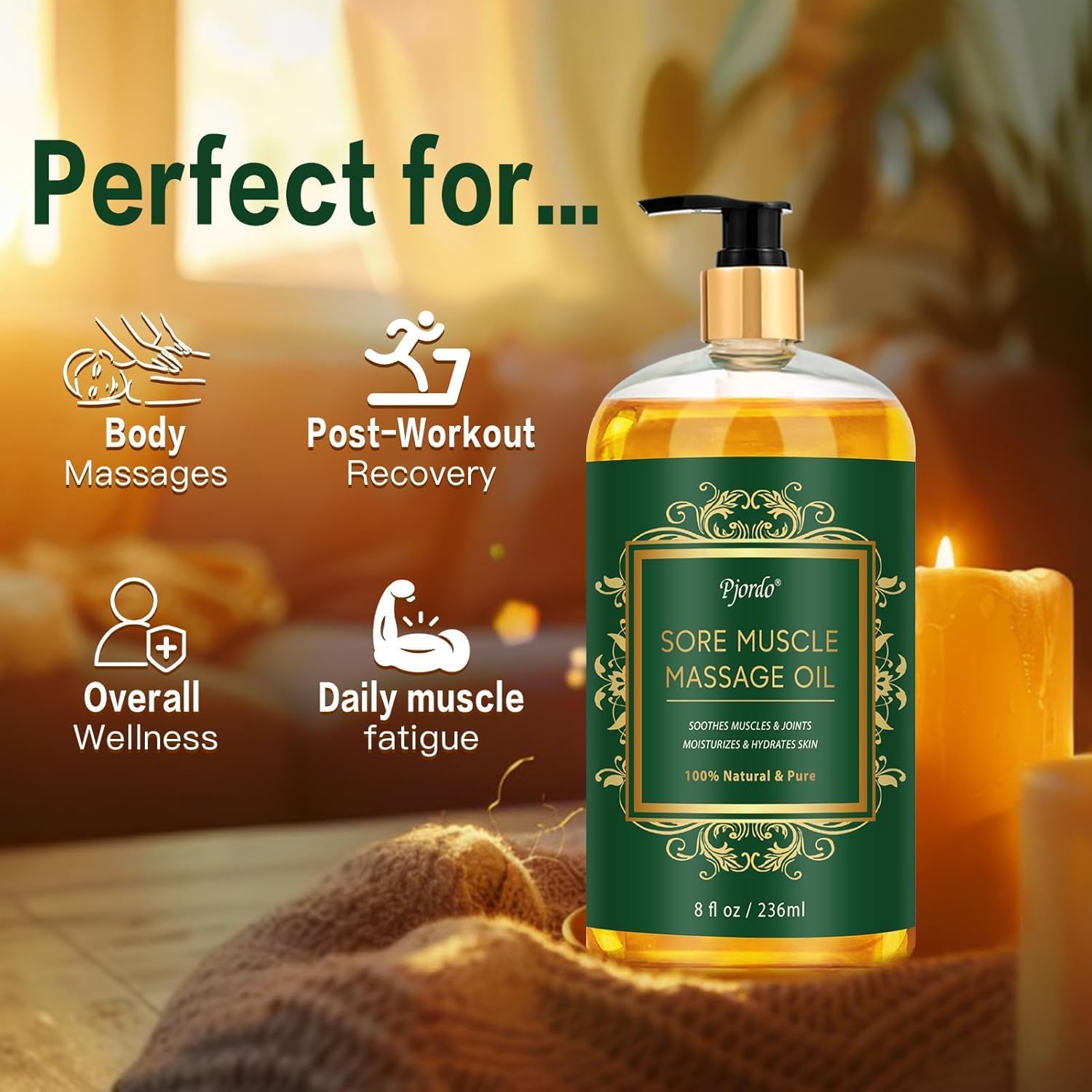 Sore Muscle Massage Oil for Massage Therapy, 8 FL OZ Natural Body Massage Oil with Lavender Oil, Arnica & Chamomile Extract, Soothes Muscle and Joint for Professional & Home Use-Velvo Beauty