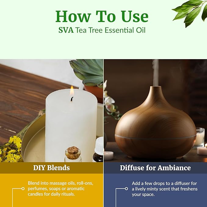 SVA Tea Tree Essential Oil – 4 Fl Oz – 100% Natural Tea Tree Oil - for Diffuser, Hair Care, Face, Skin Care, Aromatherapy, Scalp and Body Massage, Soap and Candle Making – with Dropper-Velvo Beauty
