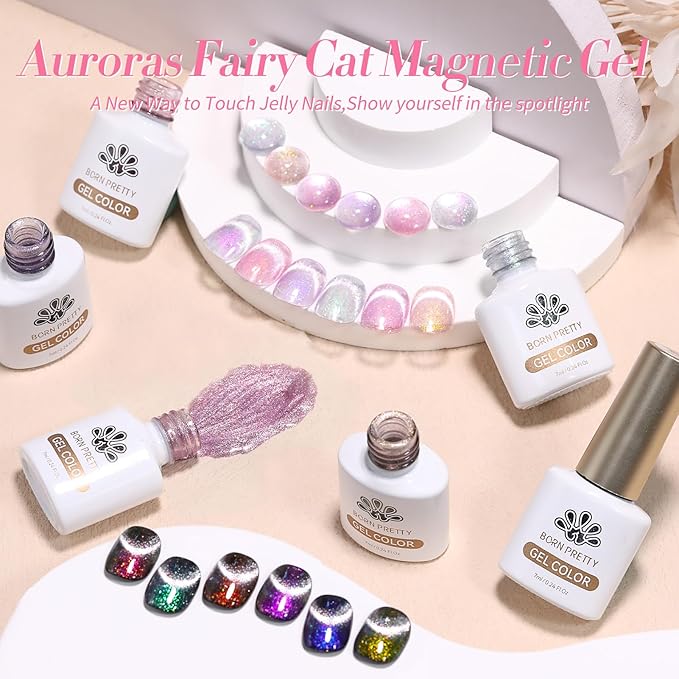 Born Pretty Cat Magnetic Eye Gel Nail Polish, Mermaid Aurora Holographic Pink Blue Green Yellow Gel Polish, Soak Off U V LED Gel Polish Nail Art Design Manicure Salon DIY Home 7ML 6PCS-Velvo Beauty