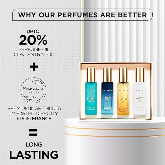 BellaVita Luxury Unisex Cologne Gift Set (4x20ml) | Fragrances Includes Honey OUD, SKAI, FRESH & White OUD | Travel Size Mini Perfumes & Spicy Vanilla Perfume Oil | Unisex Perfume for Women & Men-Velvo Beauty